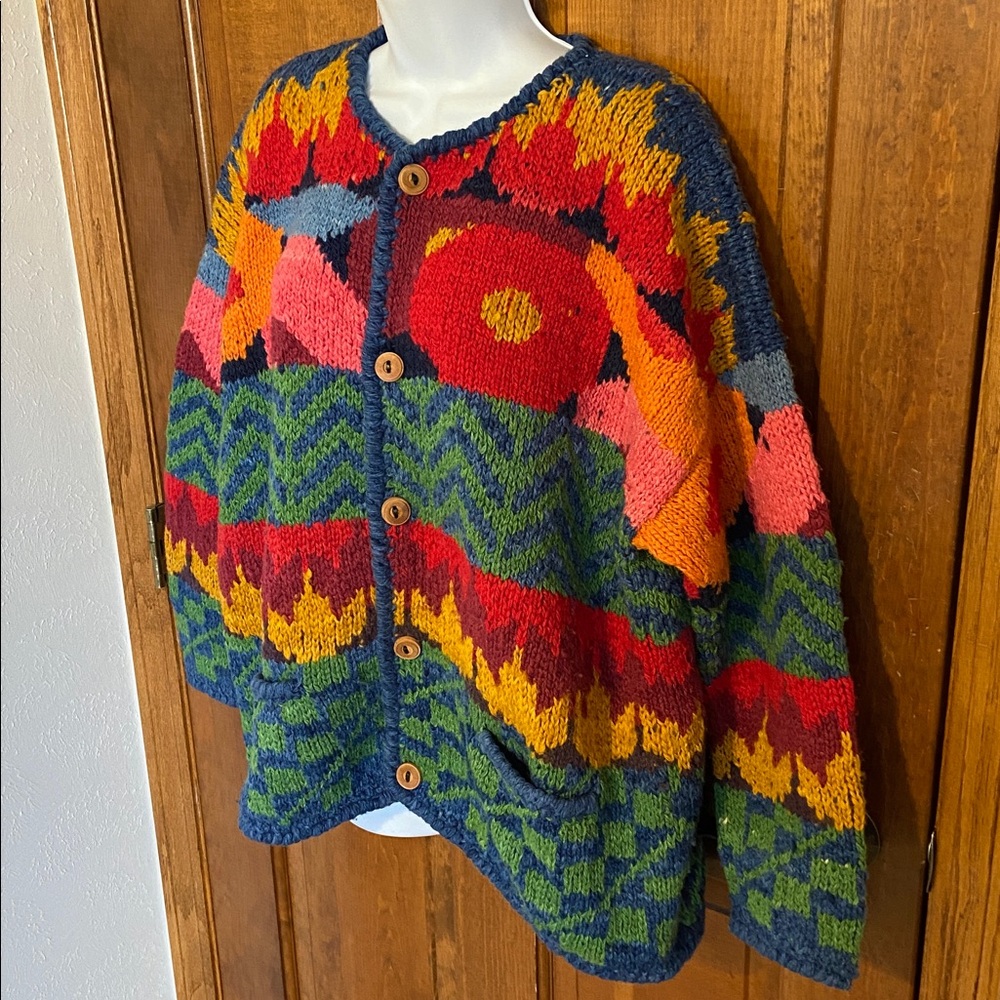 Vintage Express Tricot Cardigan Women One Size Handknit Wool Aztec Incan OS - Picture 4 of 11